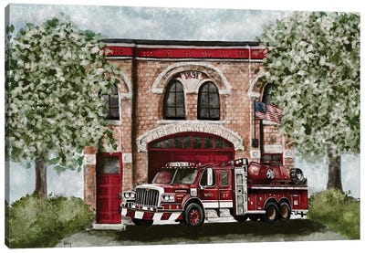 Vintage Fire Truck Canvas Art Print - American Flag Art