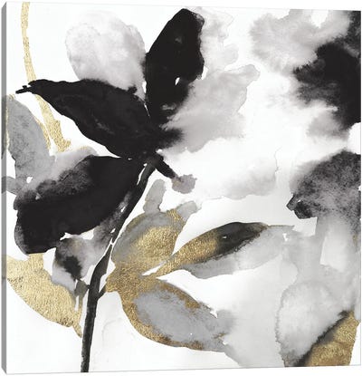 Black Petals Gold Leaves I Canvas Art Print - Black, White & Gold Art