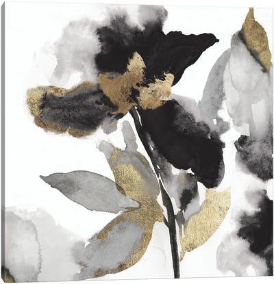 Black Petals Gold Leaves II Canvas Art Print - Black, White & Gold Art