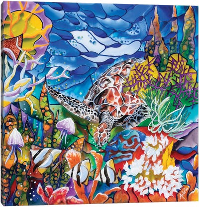 Turtle By The Coral Canvas Art Print - Arleta Smolko