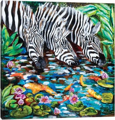 Zebra By The Pond Canvas Art Print - Animal Lover