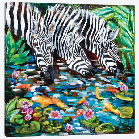 Zebra By The Pond Canvas Print #ASL36} by Arleta Smolko Canvas Wall Art