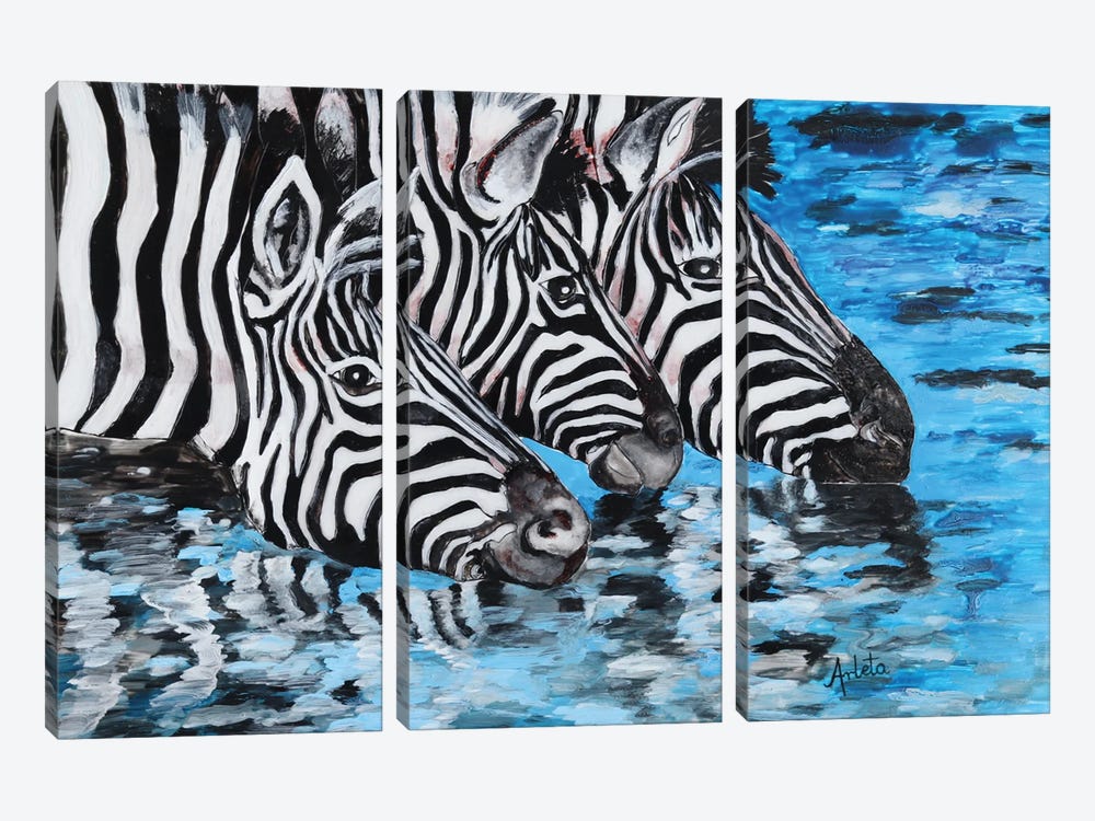 Drinking Zebra by Arleta Smolko 3-piece Canvas Print