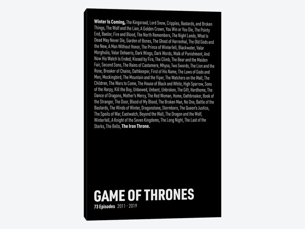 Game Of Thrones Episodes (Black) by avesix 1-piece Canvas Wall Art