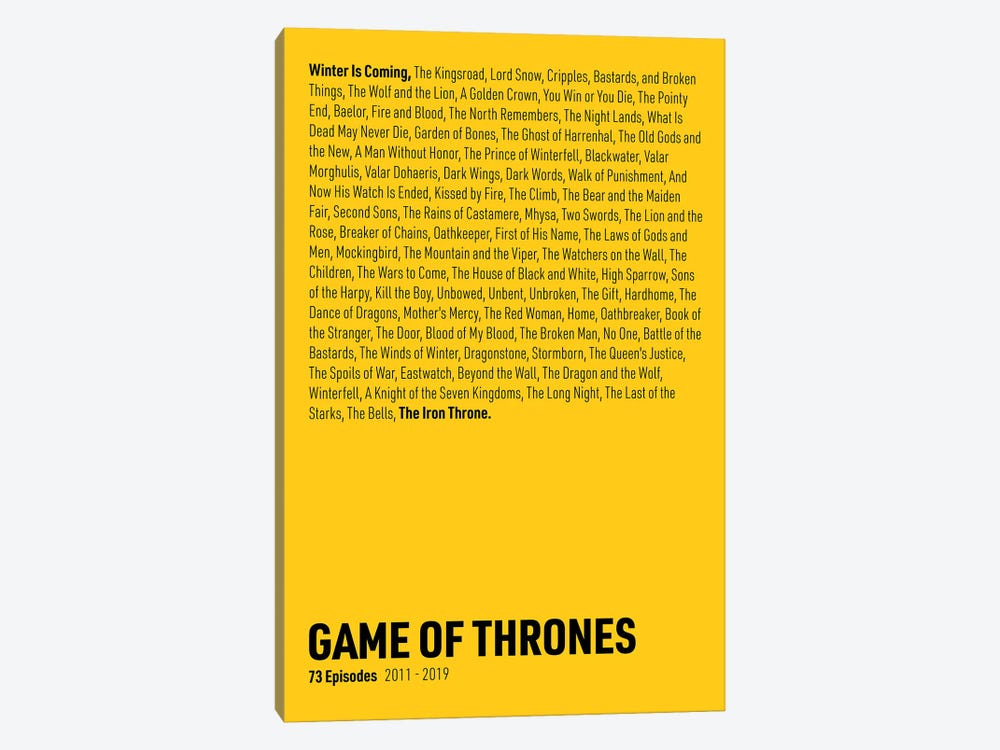 Game Of Thrones Episodes (Yellow) by avesix 1-piece Canvas Print