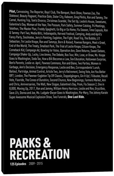 Parks & Recreation Episodes (Black) Canvas Art Print - Sitcoms & Comedy TV Show Art