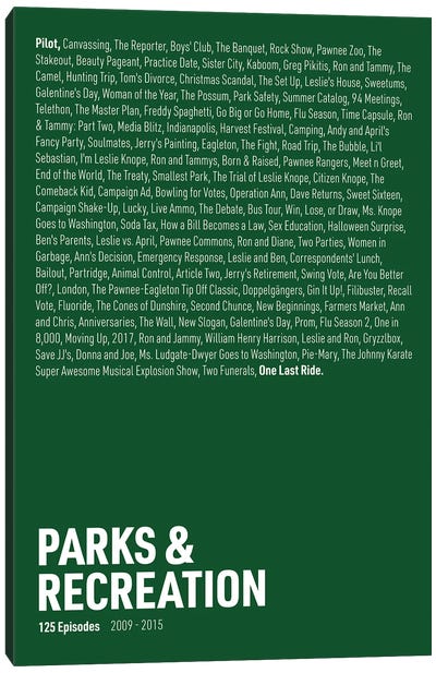 Parks & Recreation Episodes (Green) Canvas Art Print - Sitcoms & Comedy TV Show Art