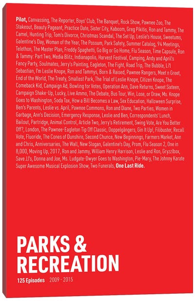 Parks & Recreation Episodes (Red) Canvas Art Print - Sitcoms & Comedy TV Show Art