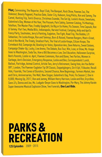 Parks & Recreation Episodes (Yellow) Canvas Art Print - Sitcoms & Comedy TV Show Art