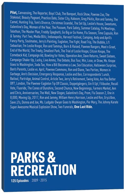 Parks & Recreation Episodes (Blue) Canvas Art Print - Sitcoms & Comedy TV Show Art