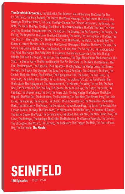 Seinfeld Episodes (Red) Canvas Art Print - Sitcoms & Comedy TV Show Art