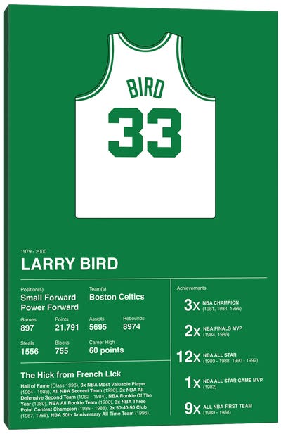Larry Bird Career Stats Canvas Art Print - Gym Art