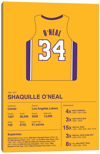 Shaquille O'Neal Career Stats Canvas Art Print - Sports Lover