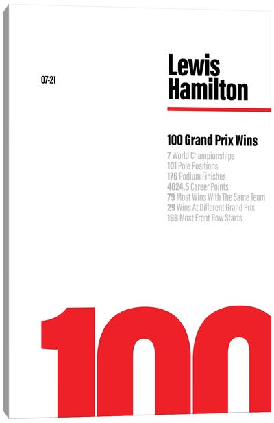Lewis Hamilton 100 Wins (Red/White) Canvas Art Print - Athlete & Coach Art
