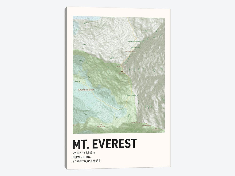 Mt Everest Topographic Map by avesix 1-piece Canvas Art Print