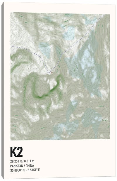 K2 Topographic Map Canvas Art Print - avesix