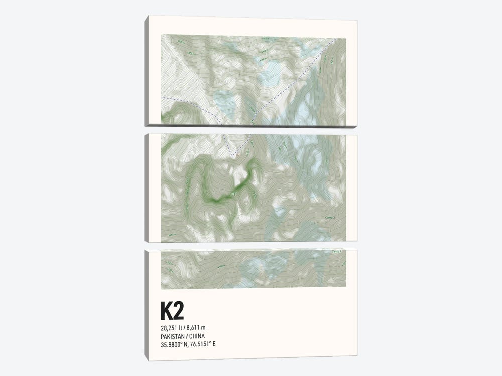 K2 Topographic Map by avesix 3-piece Canvas Artwork