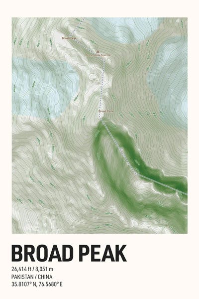 Broad Peak Topographic Map by avesix framed wall art