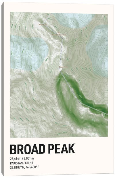 Broad Peak Topographic Map Canvas Art Print - avesix