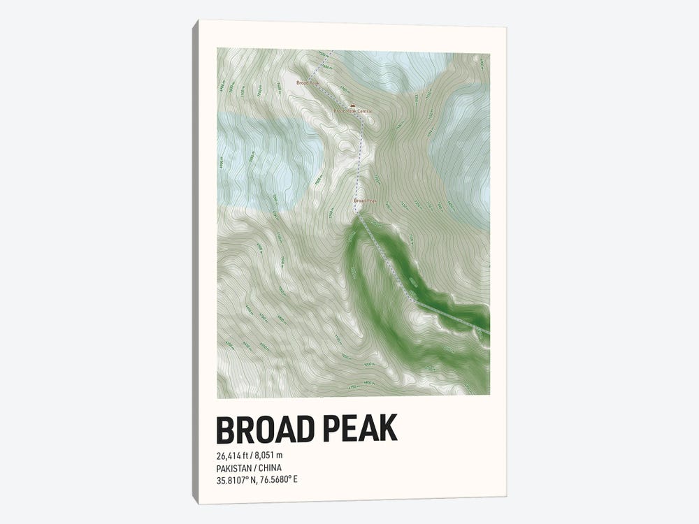 Broad Peak Topographic Map by avesix 1-piece Canvas Print