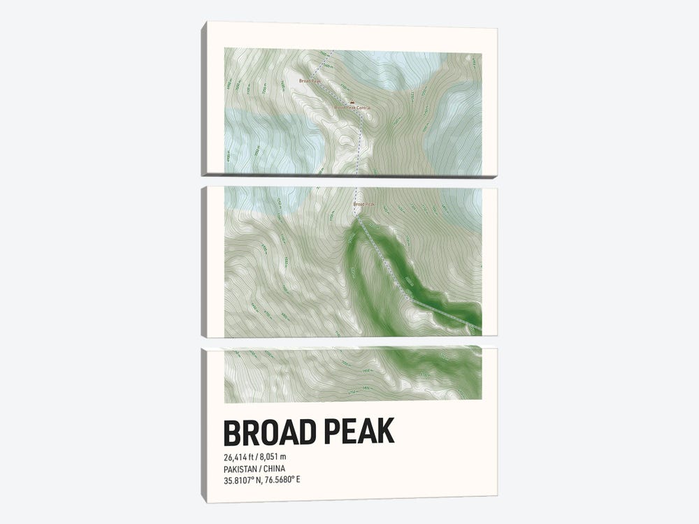 Broad Peak Topographic Map by avesix 3-piece Canvas Art Print