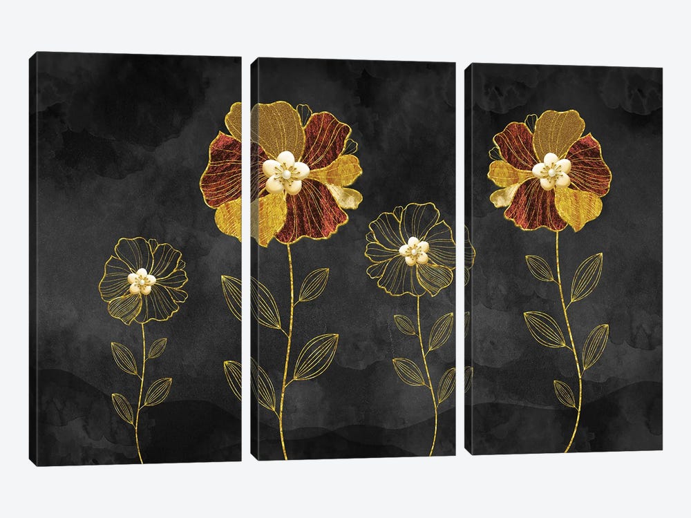 Amber Gold Flowers by Artsy Bessy 3-piece Canvas Wall Art