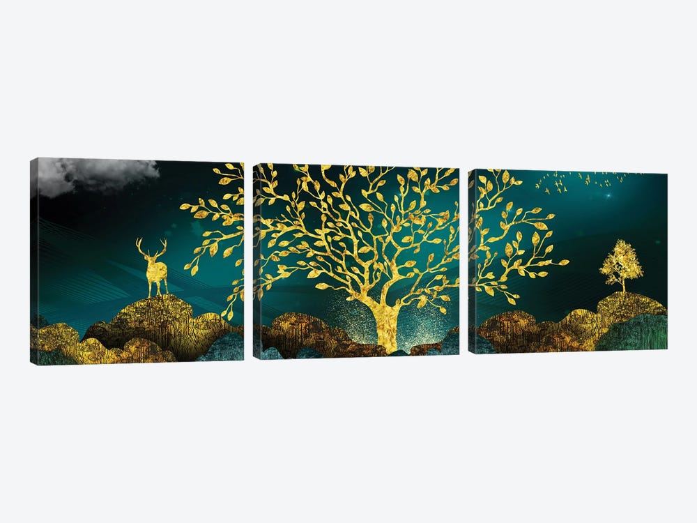 Golden Tree And Deer's by Artsy Bessy 3-piece Canvas Art Print