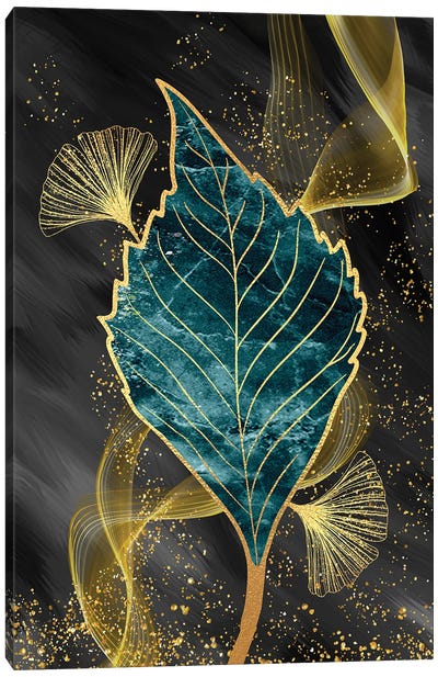 3D Leaf Art I Canvas Art Print - Gold & Teal Art
