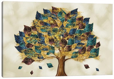 3D Tree Mural Canvas Art Print - Gold & Teal Art