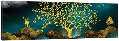 Mystical Tree And The Night Sky Canvas Art Print - Gold & Teal Art