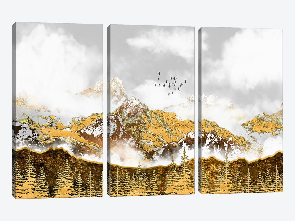 Golden Forest And Mountains by Artsy Bessy 3-piece Canvas Wall Art