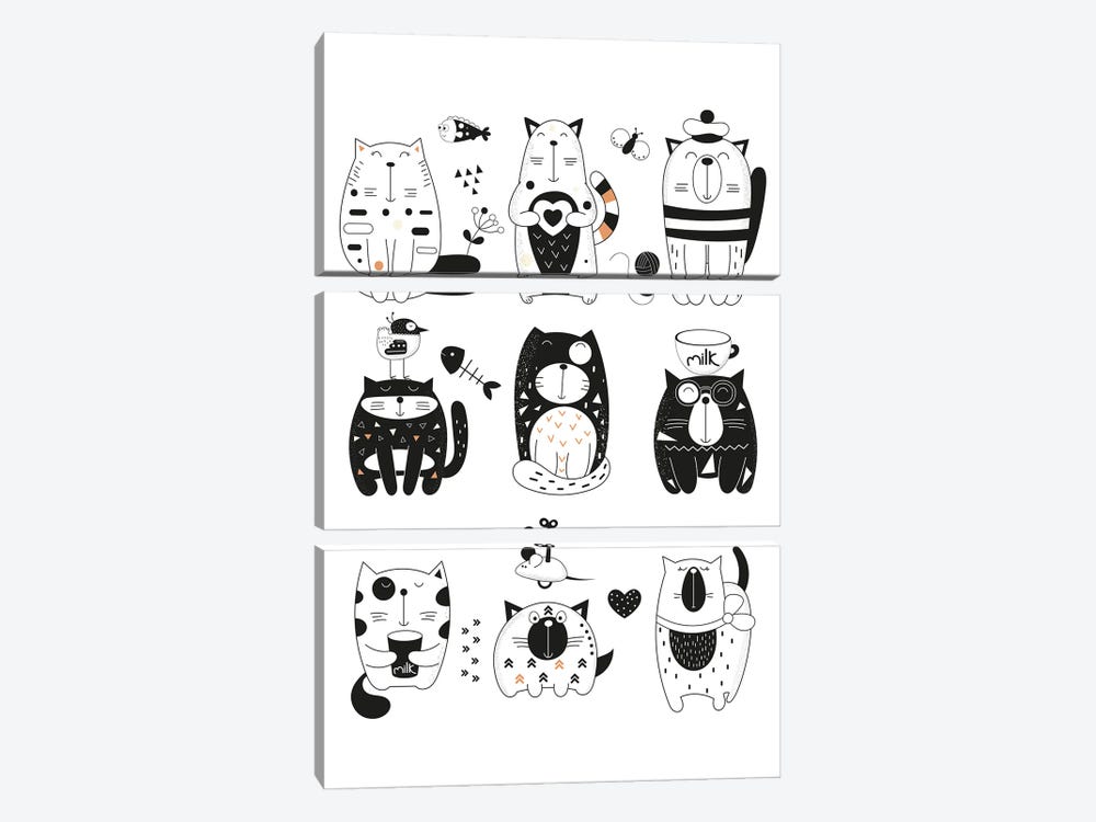 Cats And Kittens Black And White by Artsy Bessy 3-piece Canvas Print