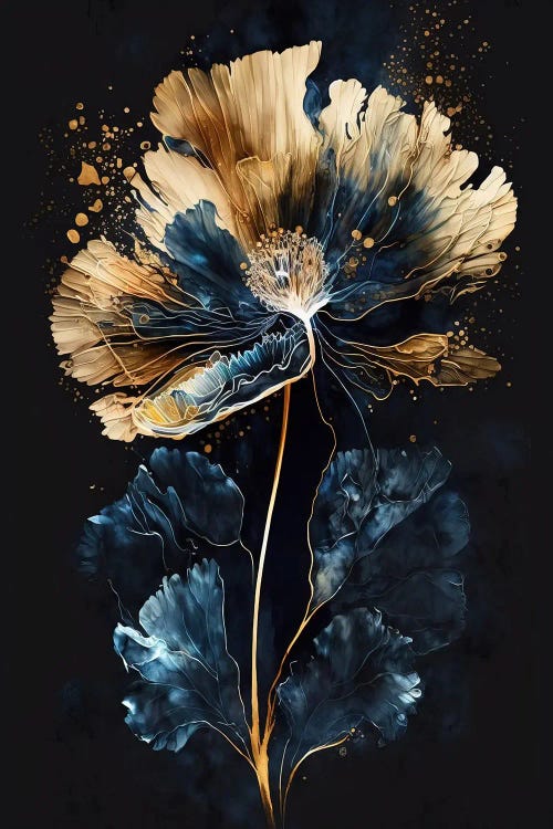 Elegant Blue Gold Flower Painting