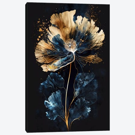 Elegant Blue Gold Flower Painting Canvas Print #ASY182} by Artsy Bessy Canvas Art
