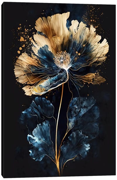 Elegant Blue Gold Flower Painting Canvas Art Print - Artsy Bessy