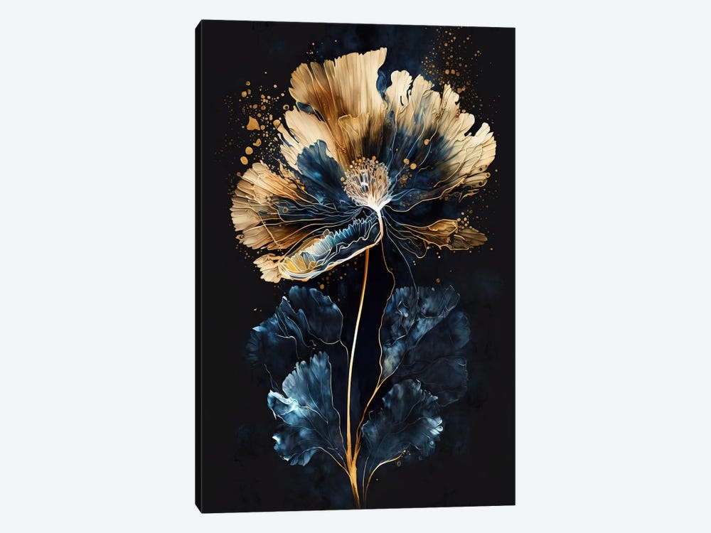 Elegant Blue Gold Flower Painting by Artsy Bessy 1-piece Canvas Artwork