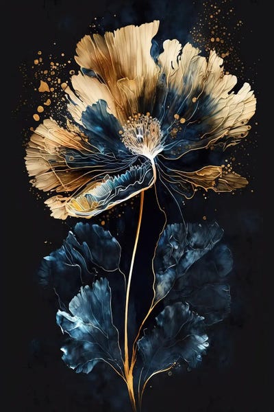 Glam Bedroom: Elegant Blue Gold Flower Painting by Artsy Bessy
