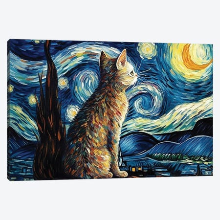 Cat Starry Night Impressionism Canvas Print #ASY191} by Artsy Bessy Art Print