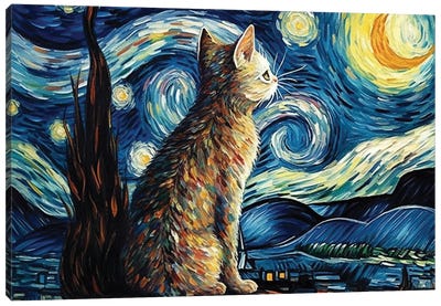 Cat Starry Night Impressionism Canvas Art Print - Hill & Hillside Art