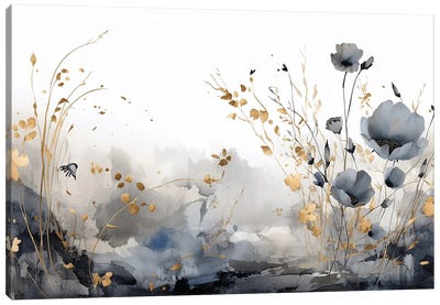 Black And Gold Watercolor Flower Fields Canvas Art Print - Artsy Bessy