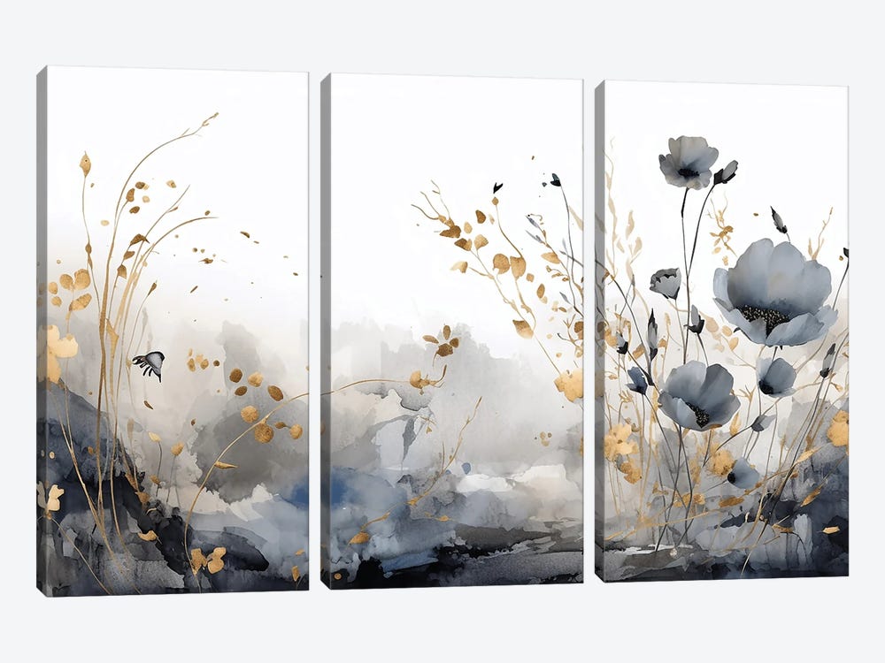 Black And Gold Watercolor Flower Fields by Artsy Bessy 3-piece Canvas Art Print