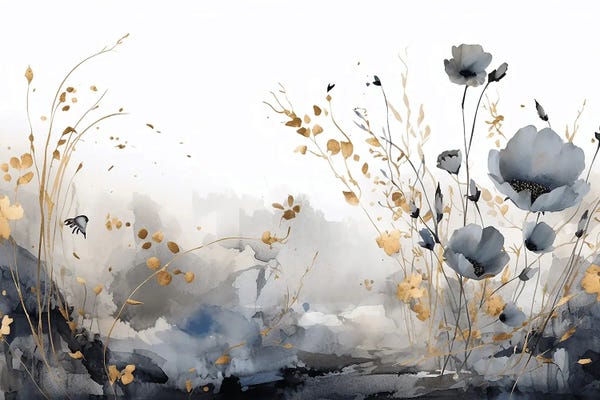 Gold Abstract Art: Black And Gold Watercolor Flower Fields by Artsy Bessy