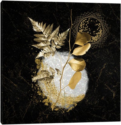 Sparkling White Quartz Accented By Golden Metallic Leaves Canvas Art Print