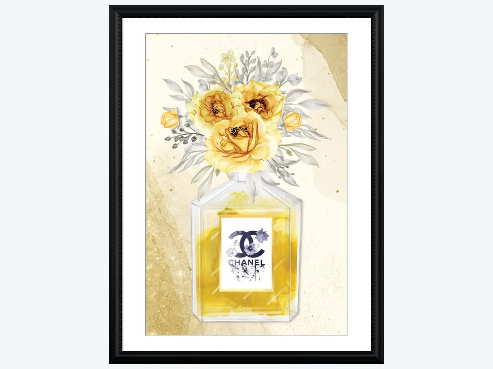 Framed Canvas Art (White Floating Frame) - Sweet Escape: Chanel Perfume Bottle by Artsy Bessy ( Fashion > Fashion Brands > Chanel art) - 26x18 in