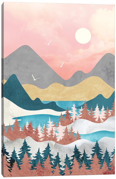 Mountains, Lake, And Serenity Canvas Art Print - Gold & Pink Art