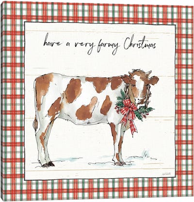 Holiday on the Farm III - Plaid Canvas Art Print - Christmas Cow Art