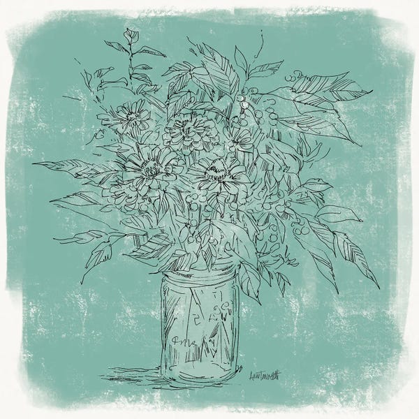 Minimalist Décor: Zinnias In Glass Jar Sketch by Anne Tavoletti