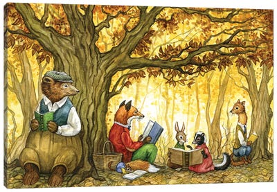 Fall Into Reading With Hector Fox And Friends Canvas Art Print - Reading Nook