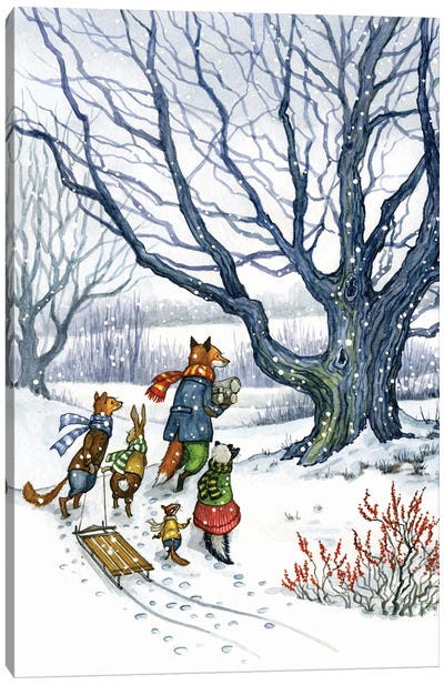 Through The Snow With Hector Fox And Friends Canvas Art Print - Skunk Art