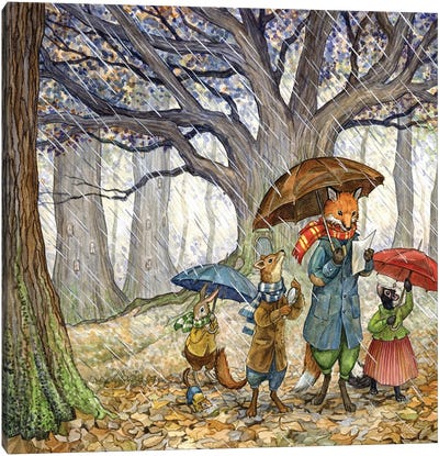 Rainy Day With Hector Fox And Friends Canvas Art Print - Rain Inspired